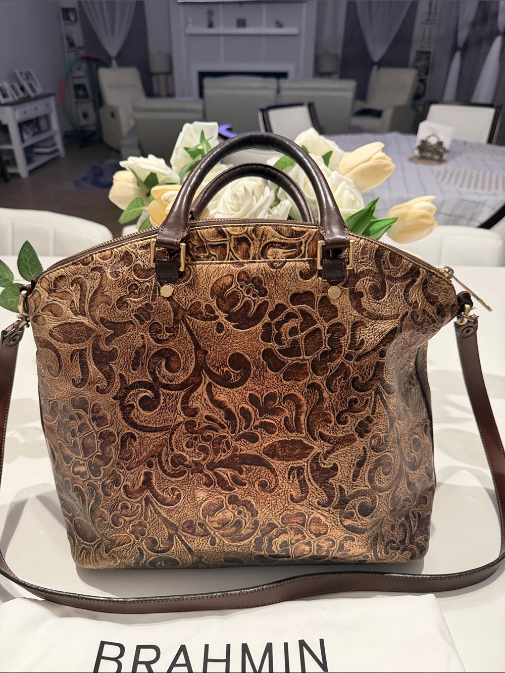 Brahmin Large Duxbury Metallic Floral Embossed Satchel in Brown and Gold - Picture 3 of 17